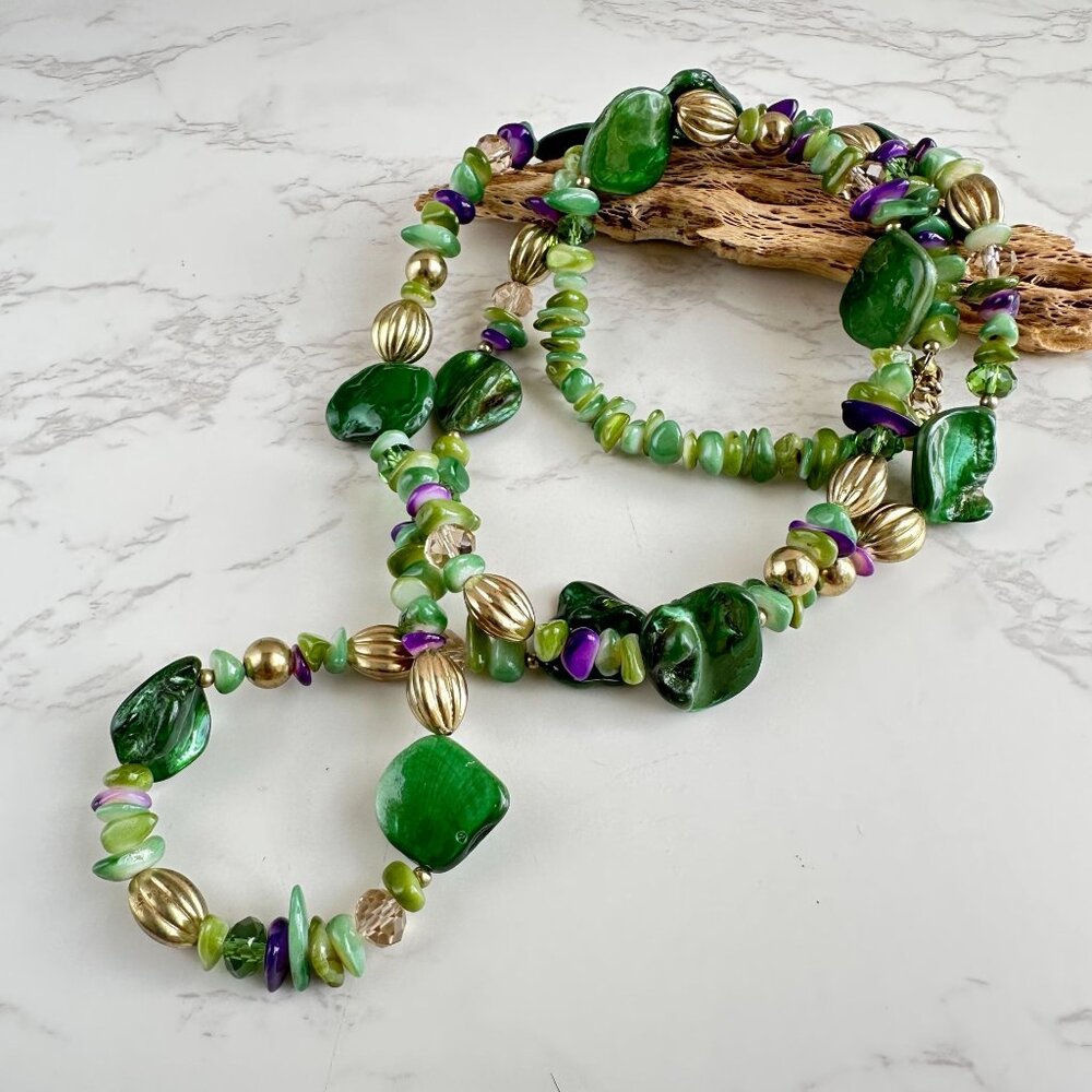 40" Glass Bead Necklace, Green Lampwork, Gold & Purple, Handmade Look